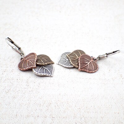 Antiqued Metal Leaf Lever Back Dangle Earrings, Handmade with Copper, Bronze Brass, and Silver - image1